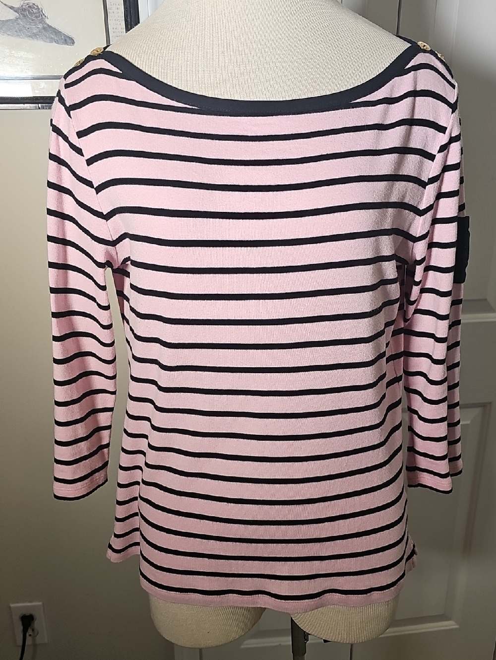 Lauren Ralph Lauren Women's Pink and Black Striped Boatneck Top. 3/4 Sleeves. Lg